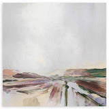Cuadro cuadrado con paisaje abstracto de campos y agua difusos en beige, malva, marrón y verde suave, de estilo abstracto. Disponible en kudeko.com