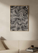 Quadro com padrão abstrato de ondas fluidas, tramas orgânicas, linhas curvas, pontos e contraste em branco e preto, num estilo gráfico contemporâneo. Disponível em kudeko.com