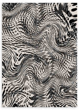 Quadro com padrão abstrato de ondas fluidas, tramas orgânicas, linhas curvas, pontos e contraste em branco e preto, num estilo gráfico contemporâneo. Disponível em kudeko.com