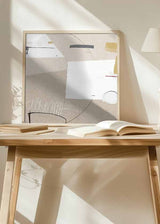Quadratisches Wandbild mit abstrakten Blöcken in Beige, Off-White, Schwarz, Grau, Senf und rotem Detail im zeitgenössischen abstrakten Stil. Erhältlich auf kudeko.com