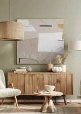Quadratisches Wandbild mit abstrakten Blöcken in Beige, Off-White, Schwarz, Grau, Senf und rotem Detail im zeitgenössischen abstrakten Stil. Erhältlich auf kudeko.com