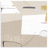 Quadratisches Wandbild mit abstrakten Blöcken in Beige, Off-White, Schwarz, Grau, Senf und rotem Detail im zeitgenössischen abstrakten Stil. Erhältlich auf kudeko.com