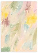 Cuadro con manchas difusas en amarillo suave, azul cielo, verde salvia y rosa empolvado, composición etérea de estilo abstracto. Disponible en kudeko.com
