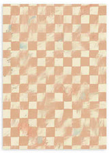 Wandbild mit Muster aus unregelmäßigen Quadraten in Terrakotta, Creme und dezenten graugrünen Akzenten, mit warmer ausgewogener geometrischer Gestaltung für eine natürliche Wanddekoration. Erhältlich auf kudeko.com