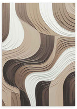 Quadro com formas onduladas sobrepostas em castanho, bege, creme e branco, composição abstrata de linhas curvas e efeito de profundidade visual equilibrado. Disponível em kudeko.com