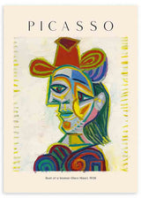 Quadro emoldurado com retrato cubista de mulher, rosto geométrico, fundo creme, tons de azul, amarelo, vermelho, verde e violeta, em estilo de ilustração contemporânea. Disponível em kudeko.com