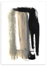 Quadro abstrato com composição de pinceladas largas sobrepostas em preto, bege, cinzento e branco, contraste marcado sobre fundo claro e estilo contemporâneo abstrato. Disponível em kudeko.com