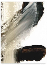 Cuadro con composición abstracta de trazos amplios en negro, gris, beige y blanco roto, con contraste suave y estilo abstracto contemporáneo. Disponible en kudeko.com