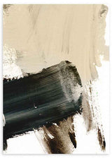 Quadro abstrato emoldurado com grande mancha preta central, fundo bege e branco, apontamentos cinzento taupe e composição sóbria de estilo minimalista contemporâneo. Disponível em kudeko.com