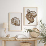 Gerahmtes Wandbild mit kauernder Frauenfigur, weißem Handtuch, großer Meeresmuschel, Beige-, Sand- und sanften Brauntönen, Illustrationsstil auf hellem Hintergrund. Erhältlich auf kudeko.com