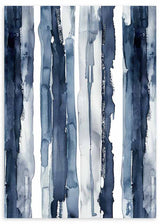 Tableau avec bandes abstraites irrégulières en bleu marine, bleu gris et blanc, composition verticale fluide sur fond clair, style abstrait contemporain. Disponible sur kudeko.com