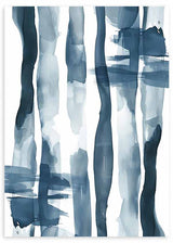 Cuadro de composición abstracta con franjas irregulares en azul marino, azul grisáceo y blanco, de apariencia fluida y estilo abstracto. Disponible en kudeko.com