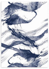 Cuadro con composición abstracta de formas fluidas y trazos en azul marino, azul grisáceo y blanco, de estilo abstracto. Disponible en kudeko.com