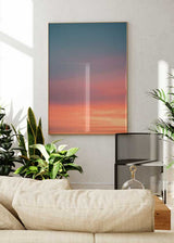 Cuadro de cielo al atardecer con degradado suave en tonos azul, malva, rosa y naranja, composición limpia de estilo minimalista. Disponible en kudeko.com