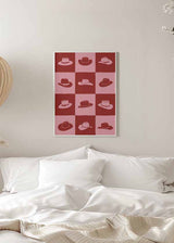 Cuadro con cuadrícula de sombreros vaqueros en bloques rosa y rojo terracota, composición gráfica de aire retro y estilo pop art. Disponible en kudeko.com