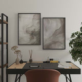 Tableau avec composition abstraite de formes fluides en beige, gris fumée, ivoire et sable, finition douce et style abstrait organique pour décoration murale. Disponible sur kudeko.com