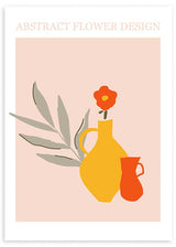 Wandbild mit senfgelben und terrakottaorangen Vasen, roter Blüte, graugrünen Blättern, puderrosa Hintergrund und floralem minimalistischem Stil für moderne Räume. Erhältlich auf kudeko.com