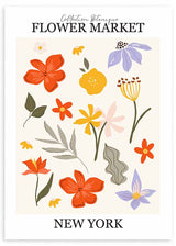 Cuadro con flores silvestres en tonos naranja, amarillo, lila y verde oliva, hojas decorativas y texto Flower Market New York, de estilo ilustración. Disponible en kudeko.com