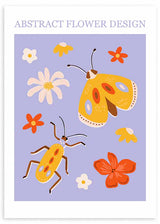 Gerahmtes Wandbild mit gelben Insekten und Blumen in Orange, Weiß und Braun auf lila Hintergrund, schlichte Komposition im kindlichen Stil für Kinderzimmer oder Spielecke. Erhältlich auf kudeko.com