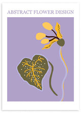 Cuadro con flor abstracta y hoja botánica en tonos lila, amarillo mostaza, verde oliva y marrón, de estilo ilustración. Disponible en kudeko.com