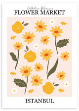 Cuadro con flores amarillas y blancas, hojas verde oliva, fondo rosa suave y tipografía decorativa, en estilo ilustración botánica alegre. Disponible en kudeko.com
