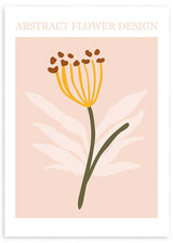 Tableau avec fleur abstraite, tige verte, filaments jaunes, détails bruns et feuilles blanches sur fond rose poudré, dans un style floral contemporain. Disponible sur kudeko.com