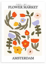 Cuadro de ilustración floral colorida con distintas flores sobre fondo ligeramente amarillo - Flower Market Amsterdam