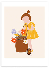Wandbild mit Kinderillustration eines Mädchens im gelben Kleid, braunem Wagen und Blumen in Rot, Lila, Weiß und Senfgelb auf sanft beigem Hintergrund, im hellen und liebevollen Stil. Erhältlich auf kudeko.com