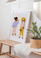 Cuadro infantil de ilustración artística de niñas sobre fondo ligeramente beige