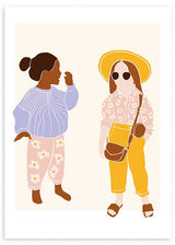 Cuadro infantil de ilustración artística de niñas sobre fondo ligeramente beige