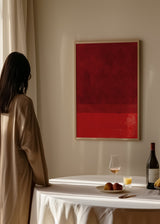 Tableau abstrait minimaliste dans des tons rouges avec texture effet aquarelle, style décoratif épuré pour intérieur contemporain. Disponible sur kudeko.com