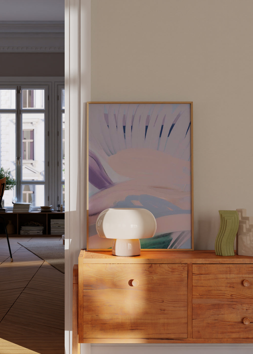 Wandbild abstrakt in Lavendel-, Rosa- und Blautönen mit fließenden, dynamischen Formen und sanfter, zeitgenössischer dekorativer Ausstrahlung. Erhältlich auf kudeko.com