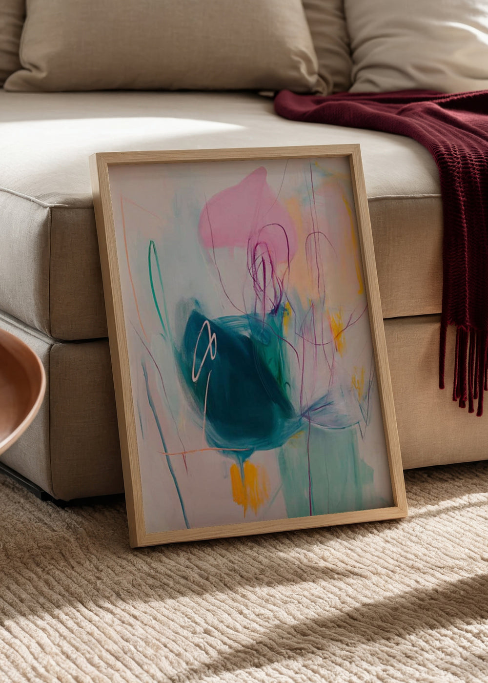 Farbenfrohes abstraktes Wandbild mit freien Formen in Blau, Rosa und Gelb, moderner dekorativer Stil, kudeko.com. Erhältlich auf kudeko.com