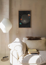 Tableau surréaliste avec figure humaine entrant dans une singularité cosmique, entourée de planètes et d’étableaux encadrés. Disponible sur kudeko.com