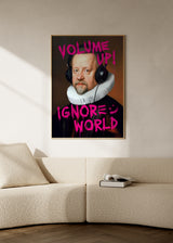 Quadro pop art com retrato clássico, auscultadores e graffiti rosa, estilo decorativo contemporâneo. Disponível em kudeko.com