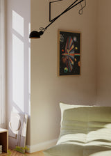 Quadro surrealista com disco óptico no espaço, nave espacial e planetas, ambiente cósmico decorativo. Disponível em kudeko.com