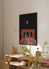 Tableau futuriste surréaliste avec arc architectural, ciel étoilé et sol multicolore, disponible sur kudeko.com. Disponible sur kudeko.com