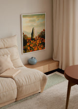 Cuadro decorativo de estilo colorido y flores colocado en salón, figura entre girasoles al atardecer, modelo Groc