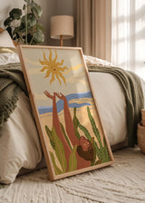 Tableau encadré avec figure féminine allongée entre grandes feuilles tropicales, soleil doré, ciel beige et bleu, tons terracotta et verts, style illustration décorative. Disponible sur kudeko.com