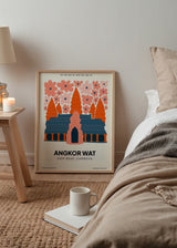 Cuadro decorativo de estilo colorido y minimalista colocado en salón, ilustración colorida de Angkor Wat con flores, modelo Angkor Wat
