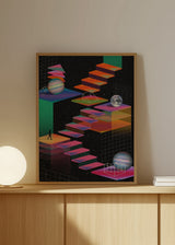 Cuadro decorativo de estilo colorido y minimalista colocado en salón, escaleras geométricas en un paisaje espacial neón, modelo Game Levels