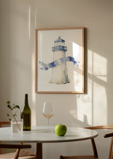 Cuadro decorativo de estilo ilustración y minimalista colocado en habitación infantil, faro infantil en acuarela azul, modelo Faro Azul Infantil