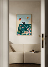 Farbiges illustriertes Wandbild mit springendem Orca im Ozean vor einer Frau auf einer Klippe, Motiv von Bea Muller. Erhältlich auf kudeko.com