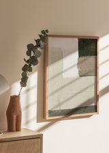 Cuadro decorativo de estilo minimalista y abstracto colocado en salón, composición abstracta neutra y orgánica, modelo Base 2