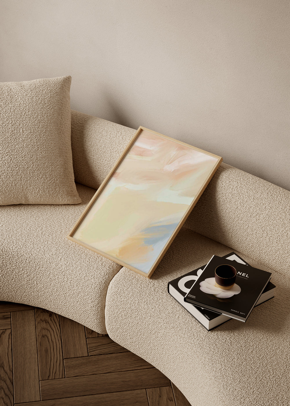 Cuadro decorativo de estilo minimalista y abstracto colocado en salón, textura abstracta bohemia en tonos pastel, modelo Bohemian Pastel Texture II
