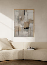 Cuadro decorativo de estilo minimalista y abstracto colocado en salón, composición abstracta geométrica en tonos neutros, modelo Delicate Shapes IV