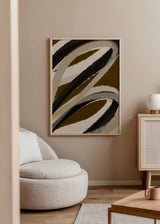 Cuadro decorativo de estilo minimalista y abstracto colocado en salón, composición abstracta de trazos espresso, modelo Espresso strokes no2