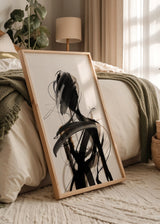 Cuadro decorativo de estilo minimalista y abstracto colocado en salón, figura abstracta en trazos negros, modelo Figure Veris Collection II