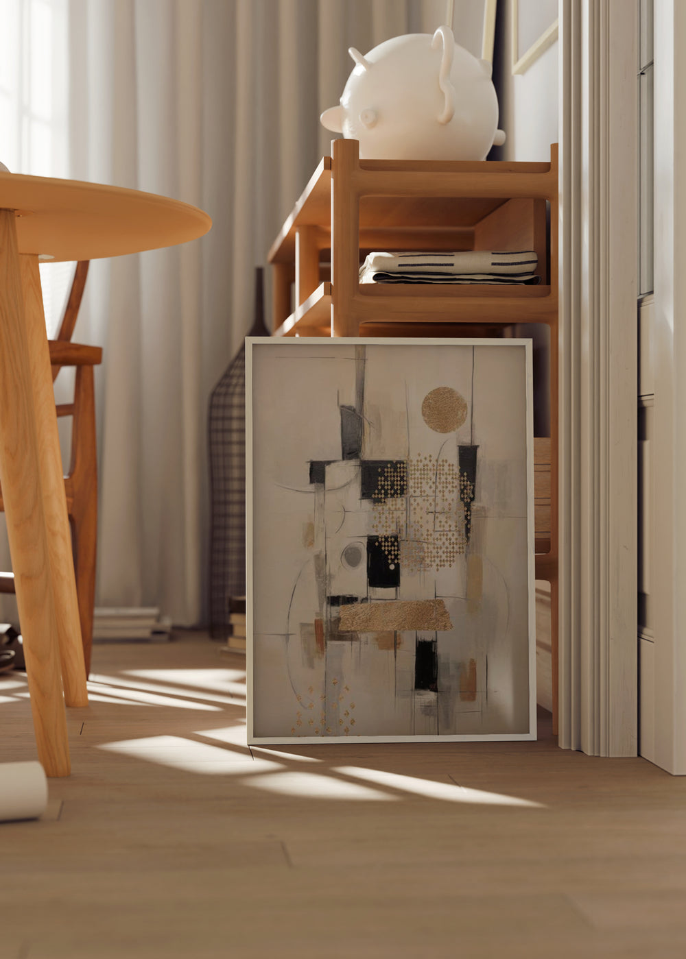 Tableau avec composition abstraite de rectangles noirs, lignes grises, cercles dorés et fond beige clair dans un style géométrique contemporain et épuré. Disponible sur kudeko.com