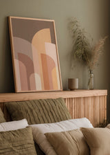 Tableau avec arcs géométriques superposés en tons terre, beige, sable, terracotta et pêche doux, composition abstraite équilibrée au style géométrique contemporain. Disponible sur kudeko.com